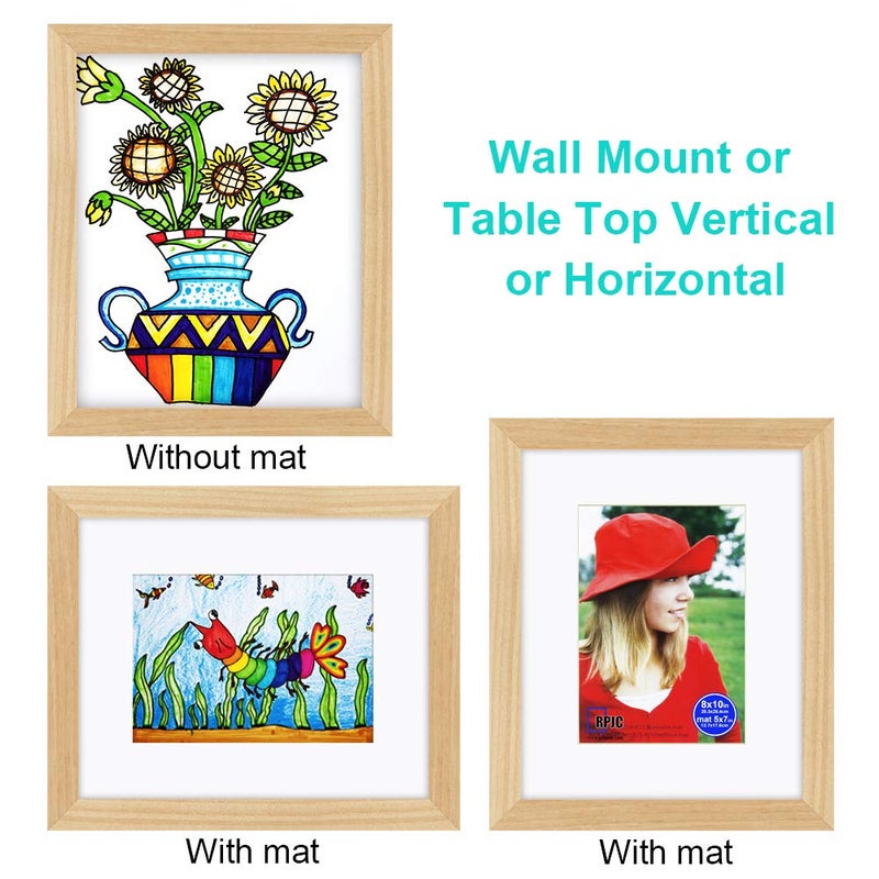 RPJC RPJC 8x10 inch Picture Frame Made of Solid Wood and High Definition Glass Display Pictures 5x7 with Mat or 8x10 Without Mat for Wall Mounting Photo Frame Natural - Image 3
