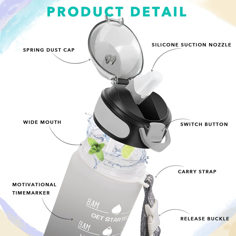 Enerbone 32 oz Drinking Water Bottle with Times to Drink and Straw, Motivational with Carrying Strap, Leakproof BPA & Toxic Free, Ensure You Drink Enough Water for Fitness Gym Outdoor - Image 3
