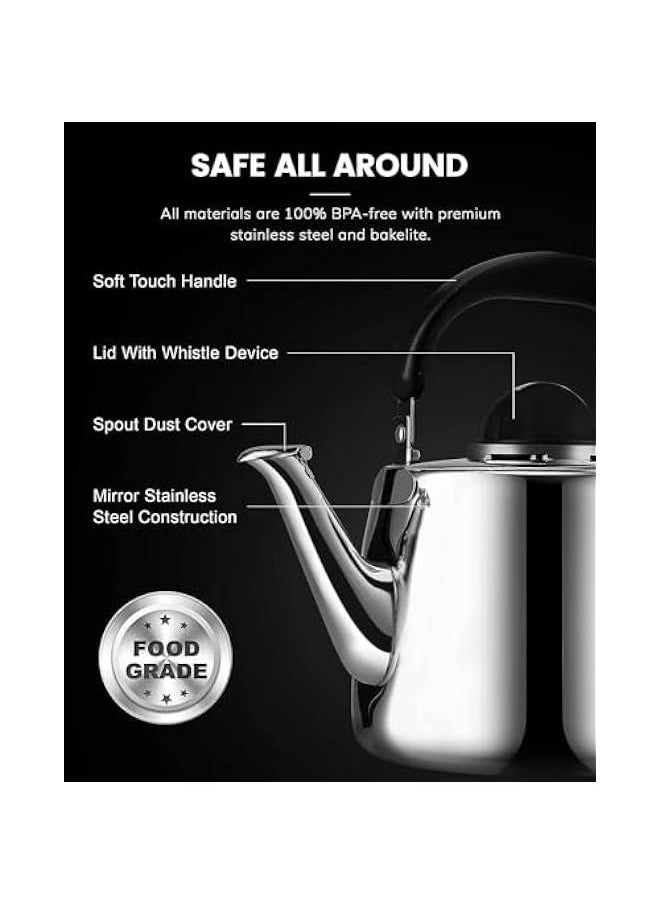 Whistling Tea Pots for Stove Top - Food Grade Stainless Steel Teapot - Classic Stovetop Kettle with Universal Base, Cool Grip Bakelite Handle (3 L)