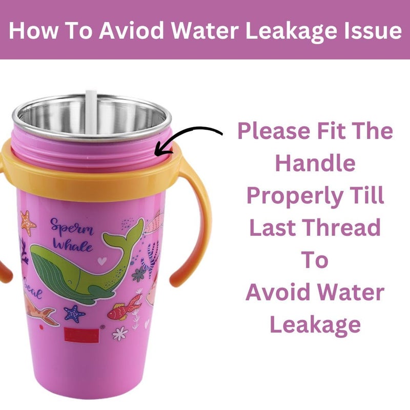 Nabhya زجاجة ماء سناوزي من الفولاذ المقاوم للصدأ، تصميم كرتوني متعدد، زجاجة شرب للأطفال خالية من BPA مع قشة ومقبض من الجانبين (بنفسجي) - Image 2