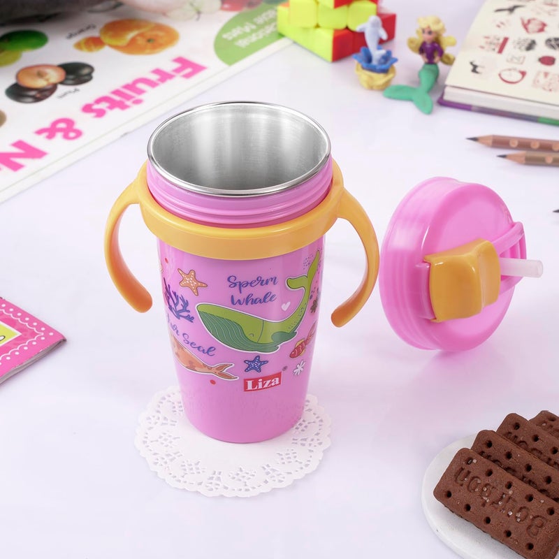 Nabhya زجاجة ماء سناوزي من الفولاذ المقاوم للصدأ، تصميم كرتوني متعدد، زجاجة شرب للأطفال خالية من BPA مع قشة ومقبض من الجانبين (بنفسجي) - Image 1