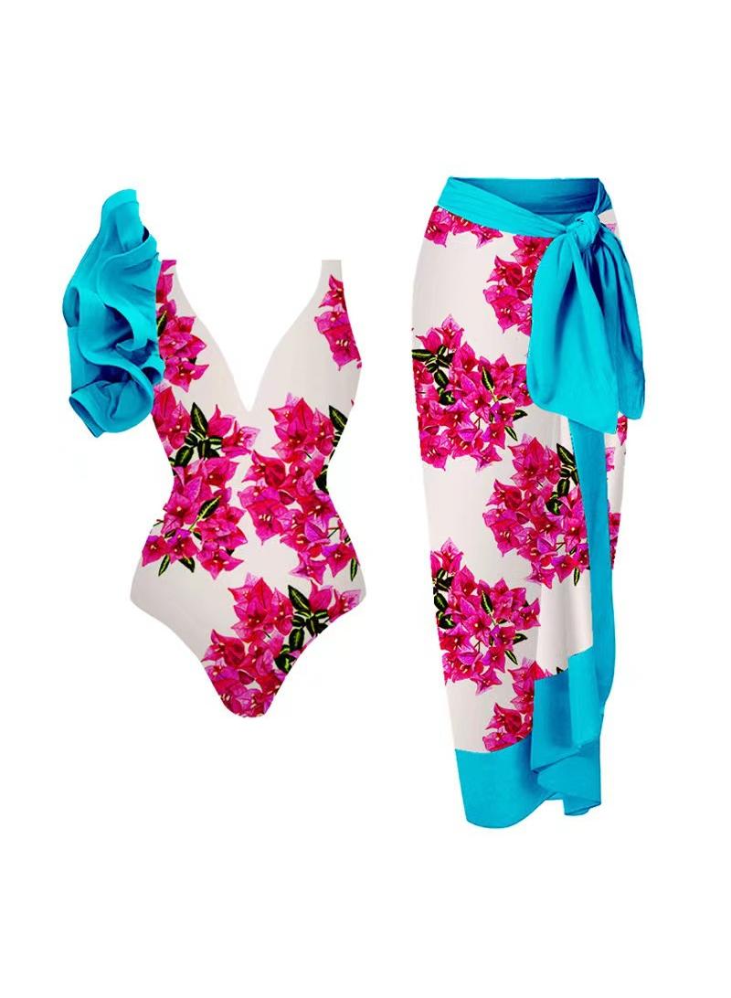 Y&D 2-Piece Women Single Shoulder Lotus Leaf Edge Printed Swimsuit With Skirt Holiday Beach Dress Female Retro Swimwear Vintage Surf Wear Summer  - Image 1