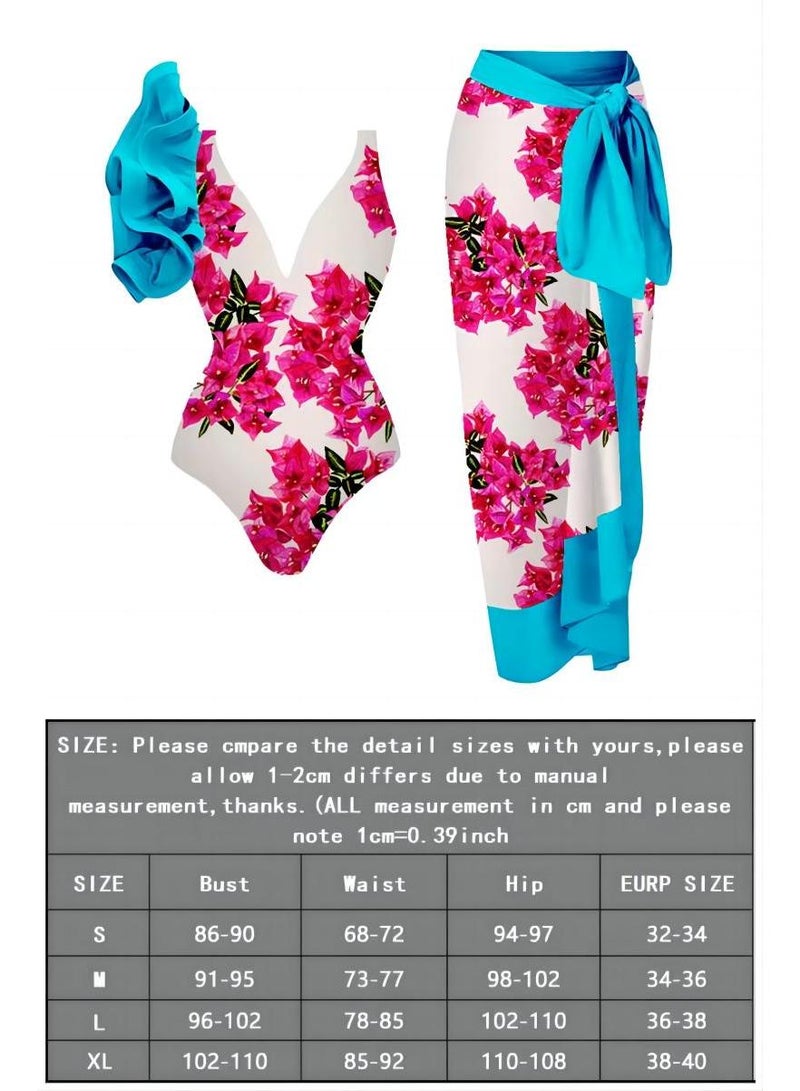 Y&D 2-Piece Women Single Shoulder Lotus Leaf Edge Printed Swimsuit With Skirt Holiday Beach Dress Female Retro Swimwear Vintage Surf Wear Summer  - Image 4