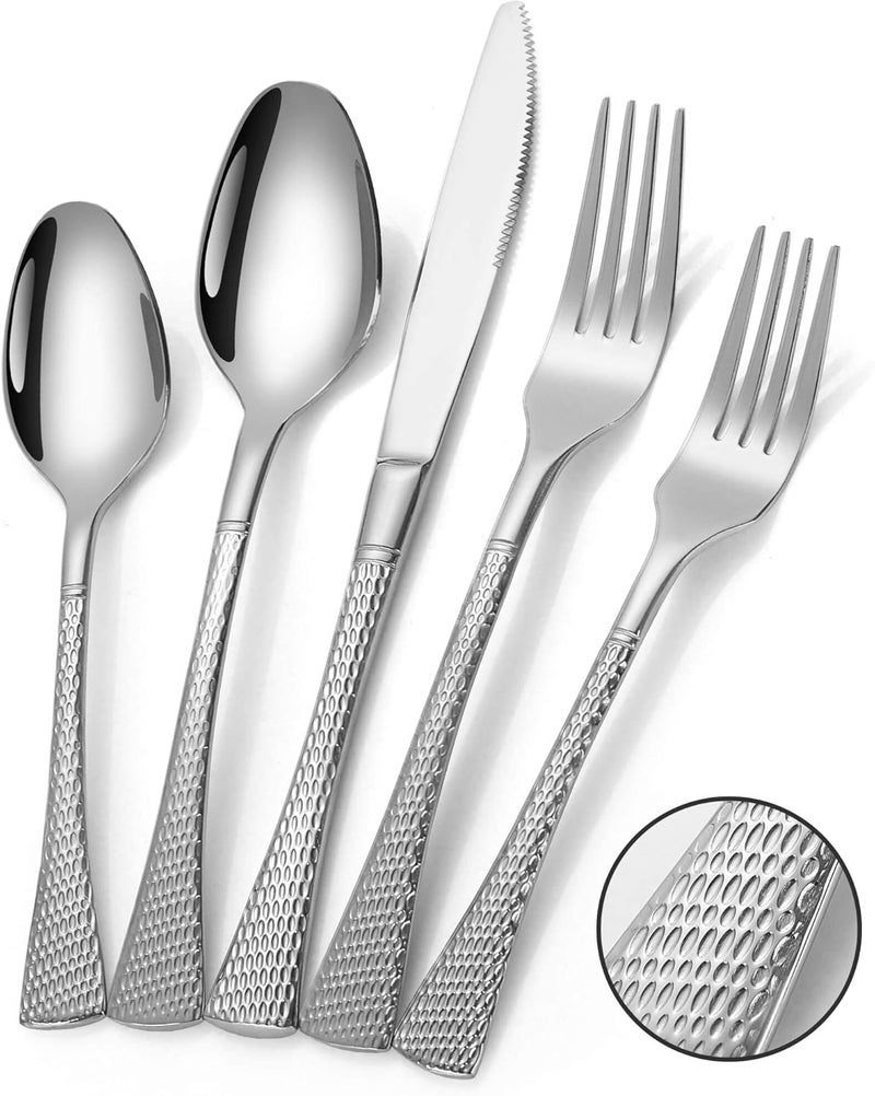 Lemeya Hammered Silverware Set20 Piece Modern Flatware Set Service for 4Mirror Polished Stainless Steel Cutlery Set Utensil Set Tableware SetKitchen Knives Forks Spoons SetDishwasher Safe - Image 1