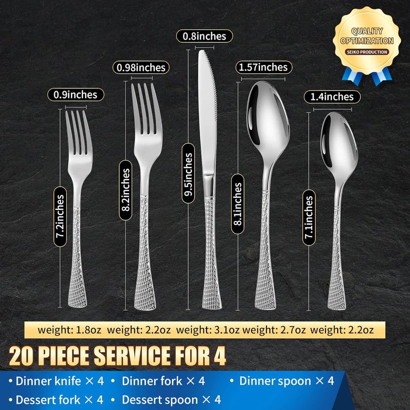 Lemeya Hammered Silverware Set20 Piece Modern Flatware Set Service for 4Mirror Polished Stainless Steel Cutlery Set Utensil Set Tableware SetKitchen Knives Forks Spoons SetDishwasher Safe - Image 2
