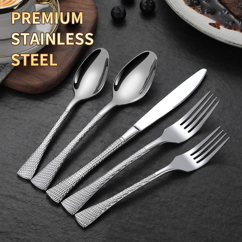 Lemeya Hammered Silverware Set20 Piece Modern Flatware Set Service for 4Mirror Polished Stainless Steel Cutlery Set Utensil Set Tableware SetKitchen Knives Forks Spoons SetDishwasher Safe - Image 3