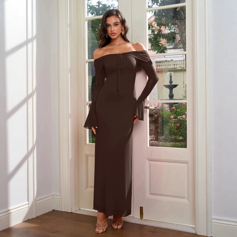 Women's Off-Shoulder Gathered Bodycon Dress with Long Flared Sleeves - Image 3