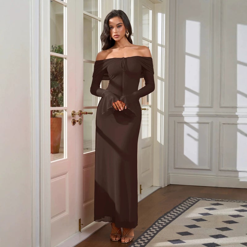 Women's Off-Shoulder Gathered Bodycon Dress with Long Flared Sleeves - Image 1