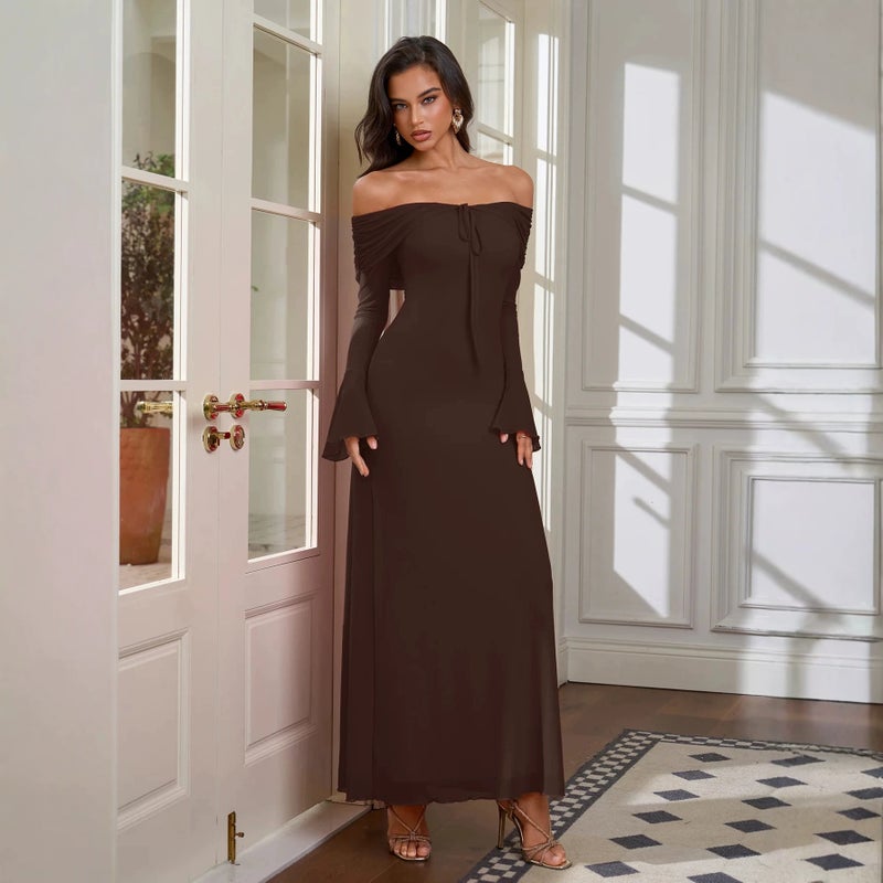 Women's Off-Shoulder Gathered Bodycon Dress with Long Flared Sleeves - Image 2