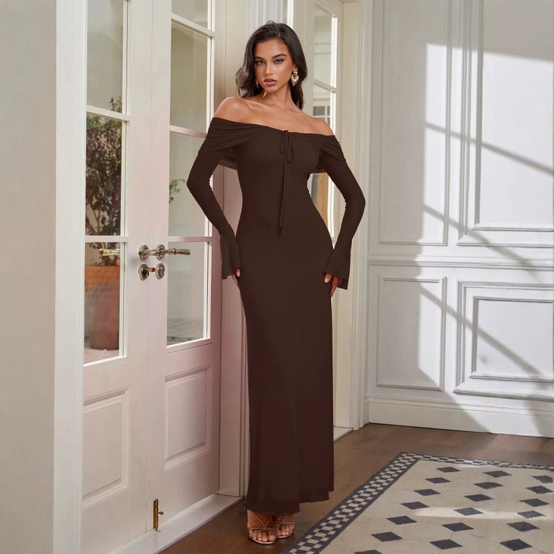 Women's Off-Shoulder Gathered Bodycon Dress with Long Flared Sleeves - Image 4