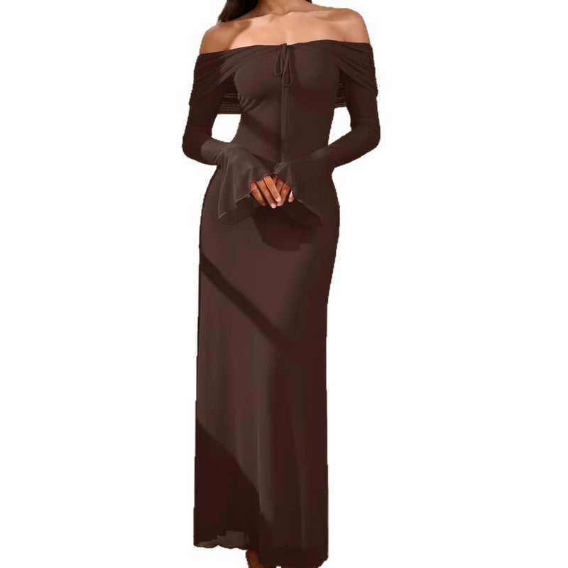 Women's Off-Shoulder Gathered Bodycon Dress with Long Flared Sleeves - Image 5