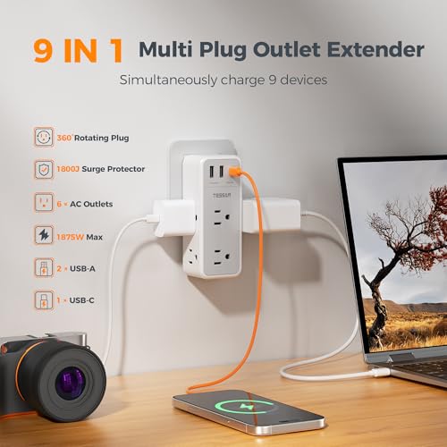 TESSAN Multi Plug Wall Outlet Splitter with 360 Rotating Plug, TESSAN 1800J Surge Protector Outlet Extender with 6 AC and 3 USB Ports (1 USB C), 1875W, 3 Sided Wall Socket Expander for Home Office Dorm Room - Image 2