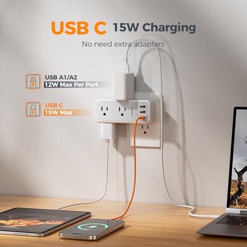 TESSAN Multi Plug Wall Outlet Splitter with 360 Rotating Plug, TESSAN 1800J Surge Protector Outlet Extender with 6 AC and 3 USB Ports (1 USB C), 1875W, 3 Sided Wall Socket Expander for Home Office Dorm Room - Image 5