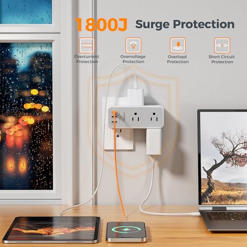 TESSAN Multi Plug Wall Outlet Splitter with 360 Rotating Plug, TESSAN 1800J Surge Protector Outlet Extender with 6 AC and 3 USB Ports (1 USB C), 1875W, 3 Sided Wall Socket Expander for Home Office Dorm Room - Image 4