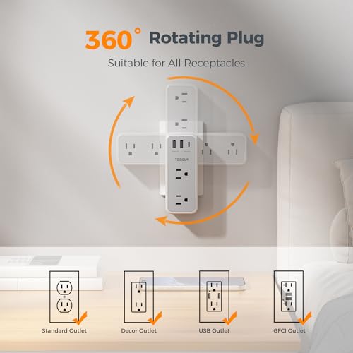 TESSAN Multi Plug Wall Outlet Splitter with 360 Rotating Plug, TESSAN 1800J Surge Protector Outlet Extender with 6 AC and 3 USB Ports (1 USB C), 1875W, 3 Sided Wall Socket Expander for Home Office Dorm Room - Image 3