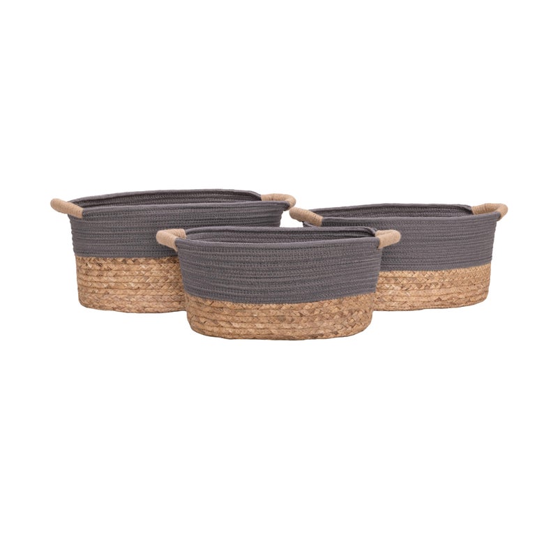 Seville Classics Premium Natural Handwoven Portable Laundry Bin Basket with Carrying Handles, Household Storage for Clothes, Linens, Sheets, Natural Water Hyacinth and Gray Rope, 3 Piece Set - Image 1