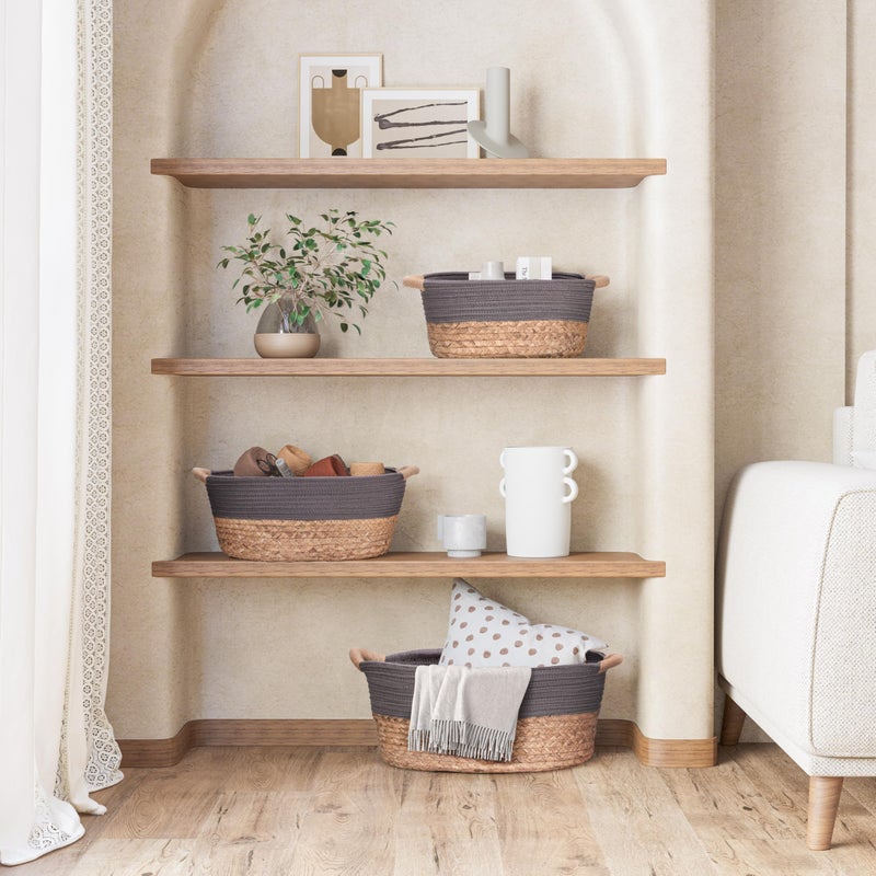 Seville Classics Premium Natural Handwoven Portable Laundry Bin Basket with Carrying Handles, Household Storage for Clothes, Linens, Sheets, Natural Water Hyacinth and Gray Rope, 3 Piece Set - Image 4