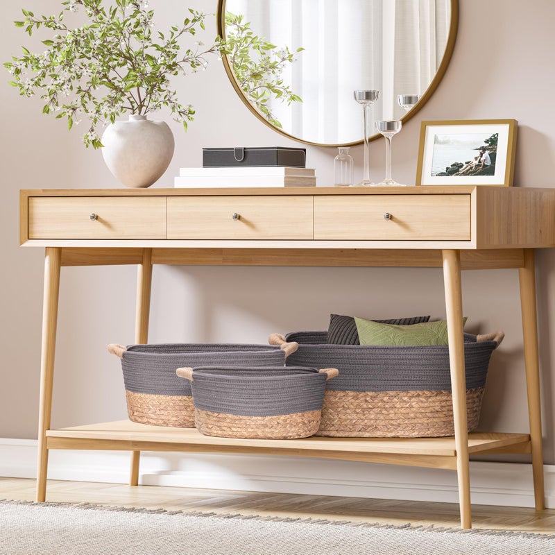 Seville Classics Premium Natural Handwoven Portable Laundry Bin Basket with Carrying Handles, Household Storage for Clothes, Linens, Sheets, Natural Water Hyacinth and Gray Rope, 3 Piece Set - Image 2