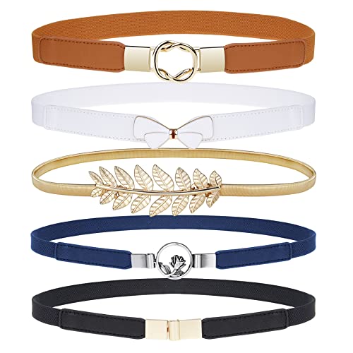 EAONE Skinny Waist Belts for Women 5 Pack, Fashion Stretchy Retro Elastic Leather Belts for Dresses - Image 1