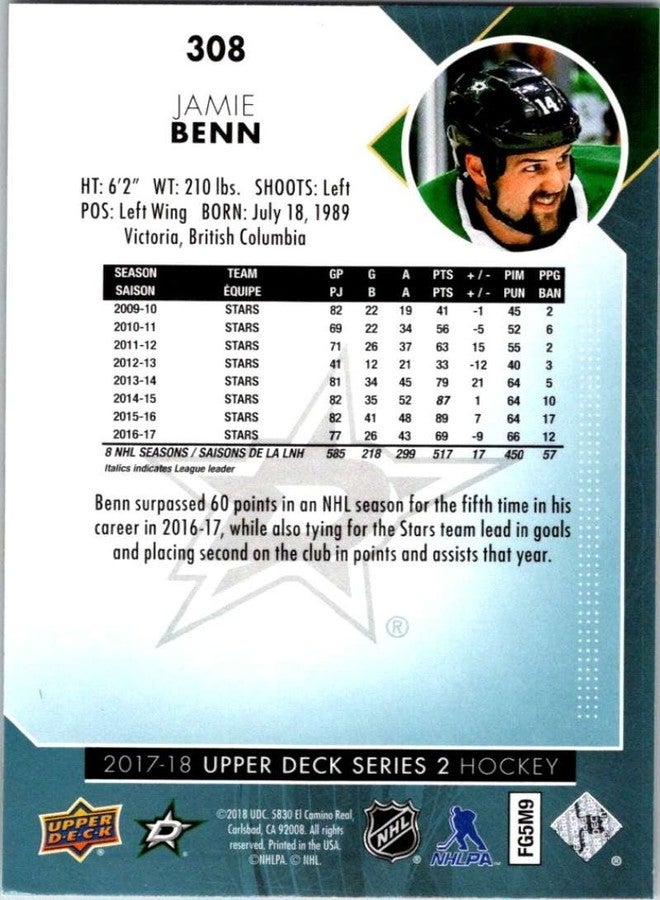 Upper Deck 2017-18 Upper Deck Series 2 #308 Jamie Benn Dallas Stars Hockey Card - Image 2