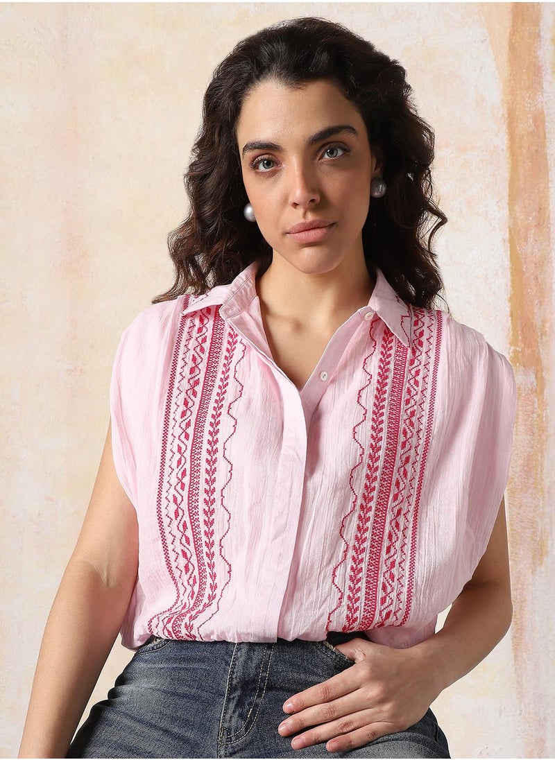 HIGH STAR Women Comfort Floral Opaque Embroidered extanded shoulder Casual Shirt  - Image 1