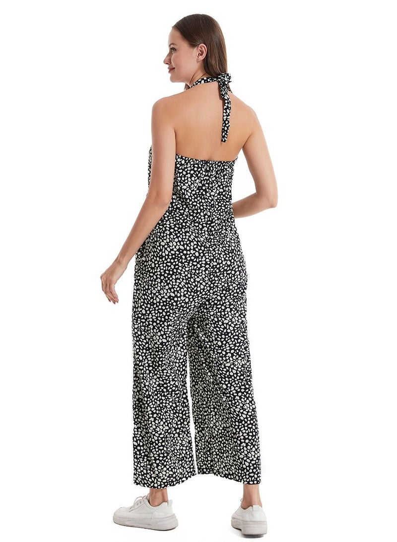 Loquat Maternity Leopard-Print Loose Overalls Stylish Pregnant Woman Pants Black/White  - Image 3