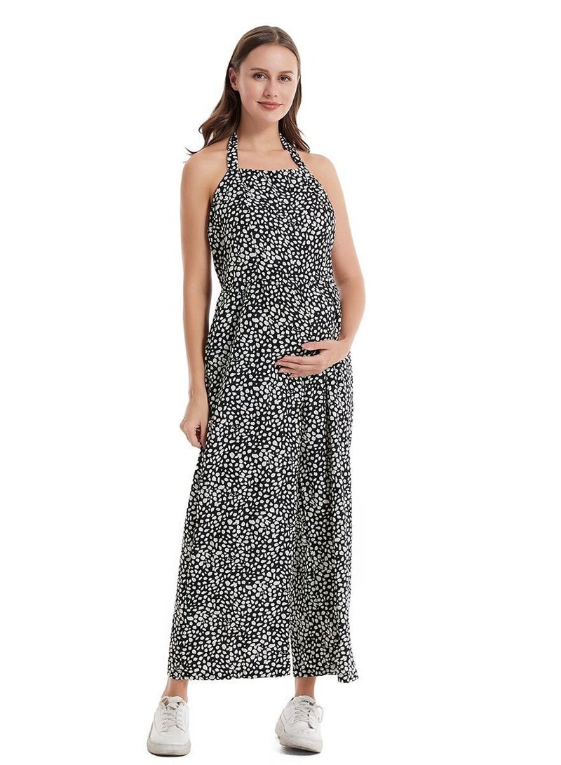 Loquat Maternity Leopard-Print Loose Overalls Stylish Pregnant Woman Pants Black/White  - Image 1