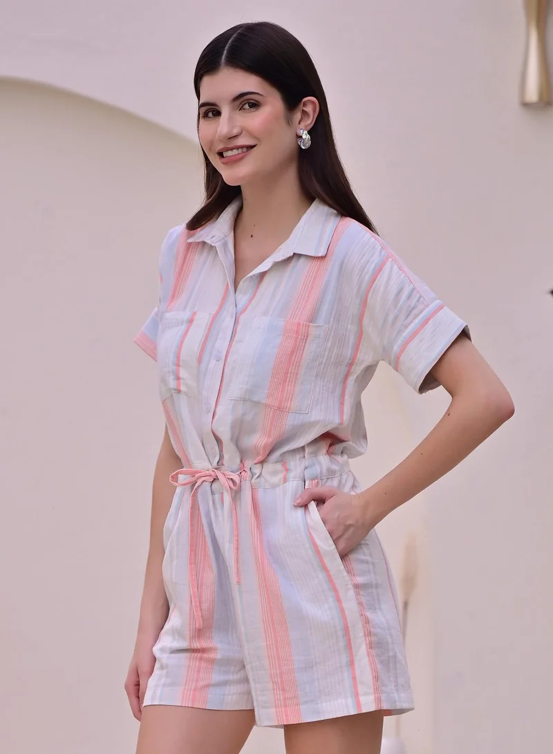 Dennis Lingo Women's White 100% Cotton Striped Cropped Casual Regular Fit Co-Ords