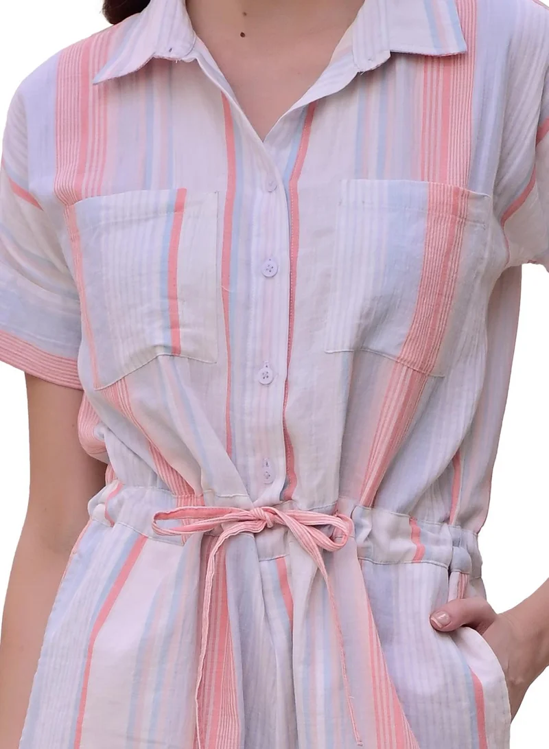 Dennis Lingo Women's White 100% Cotton Striped Cropped Casual Regular Fit Co-Ords