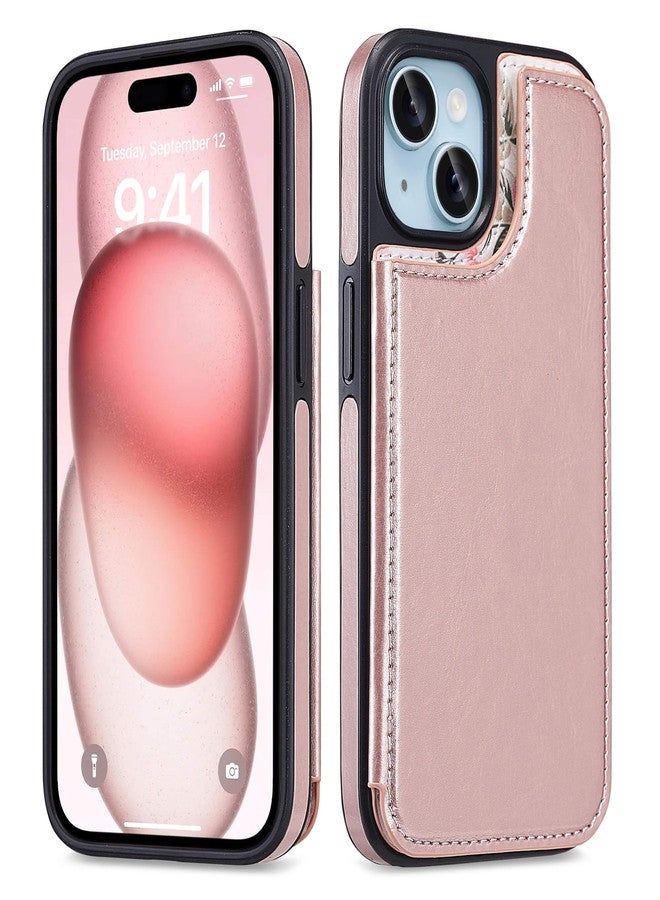 ULAK Compatible with iPhone 15 Case Wallet with Card Holder, Flower Pattern PU Leather Wallet Case with Kickstand for Women, Double Magnetic Clasp Flip Cover 6.1 Inch, Rose Gold Floral - Image 2