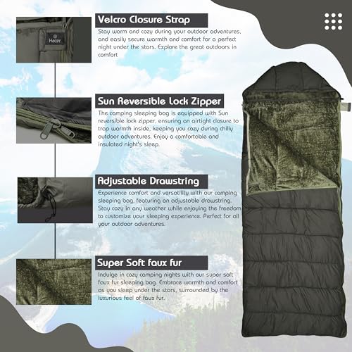 Hacer Kedarkantha Camping Sleeping Bag -5°C to +5°C Half Mummy & Half Rectangle Shape Soft Faux Fur Lining Comfortable Hiking Trekking Bags for Baby Men Women Height Upto 7.2ft (Black & Mehendi, 2 kg) - Image 3