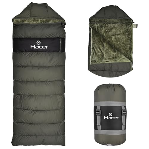 Hacer Kedarkantha Camping Sleeping Bag -5°C to +5°C Half Mummy & Half Rectangle Shape Soft Faux Fur Lining Comfortable Hiking Trekking Bags for Baby Men Women Height Upto 7.2ft (Black & Mehendi, 2 kg) - Image 1