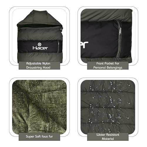 Hacer Kedarkantha Camping Sleeping Bag -5°C to +5°C Half Mummy & Half Rectangle Shape Soft Faux Fur Lining Comfortable Hiking Trekking Bags for Baby Men Women Height Upto 7.2ft (Black & Mehendi, 2 kg) - Image 4