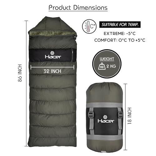 Hacer Kedarkantha Camping Sleeping Bag -5°C to +5°C Half Mummy & Half Rectangle Shape Soft Faux Fur Lining Comfortable Hiking Trekking Bags for Baby Men Women Height Upto 7.2ft (Black & Mehendi, 2 kg) - Image 2
