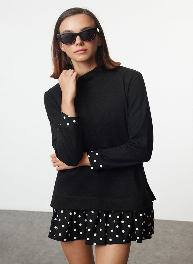 trendyol Black Selanik Stand Collar Polka Dot Mini Knitted Dress TWOAW25EL00282 - Image 2