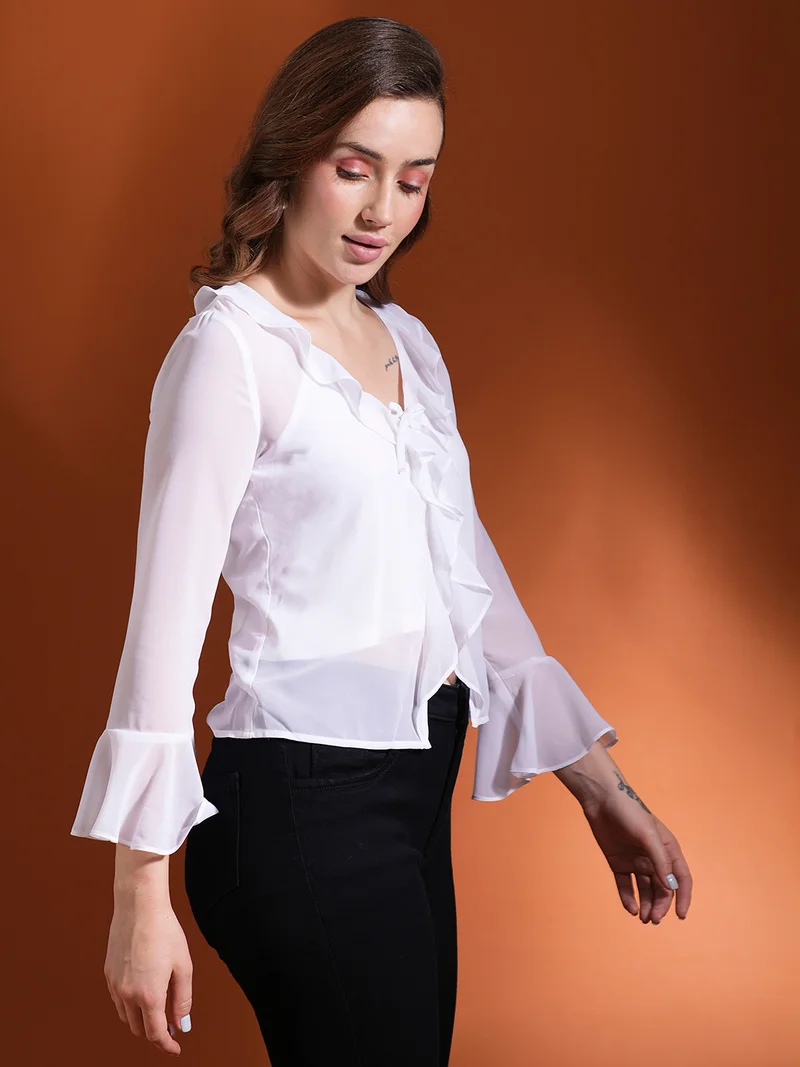 globus Women Tie-Up Neck Bell Sleeve Ruffles Georgette Top