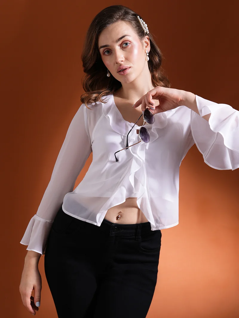 globus Women Tie-Up Neck Bell Sleeve Ruffles Georgette Top
