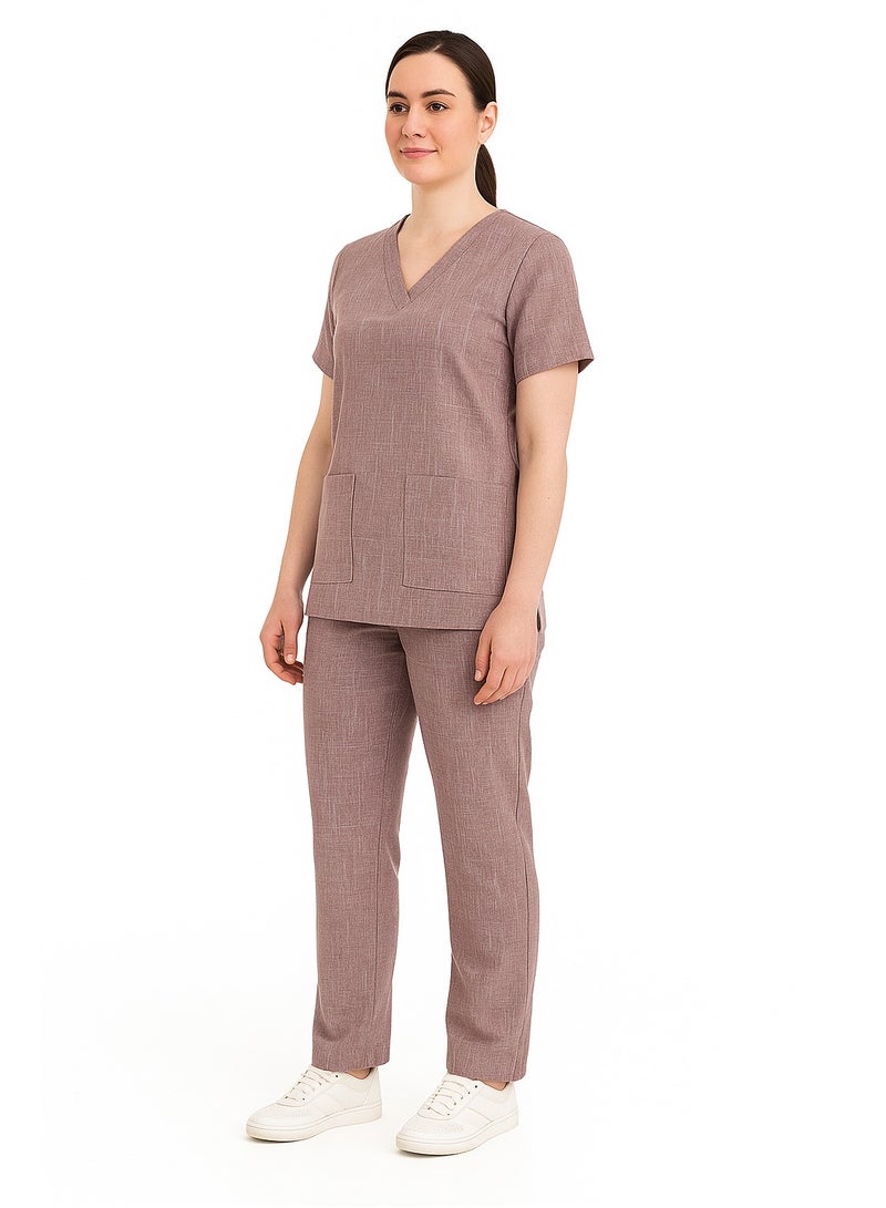 Rannah's Uniform Melange Scrub Suit Uniform Unisex Brown V-Neck Nurse Suit Set - Image 1