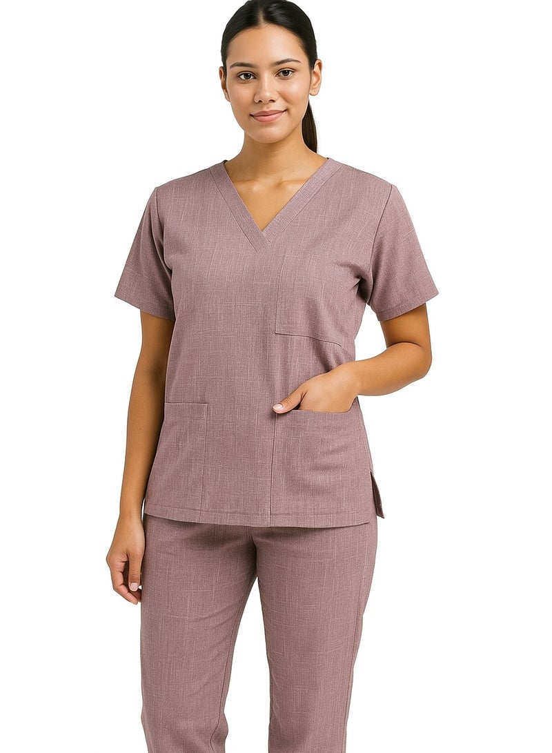 Rannah's Uniform Melange Scrub Suit Uniform Unisex Brown V-Neck Nurse Suit Set - Image 2