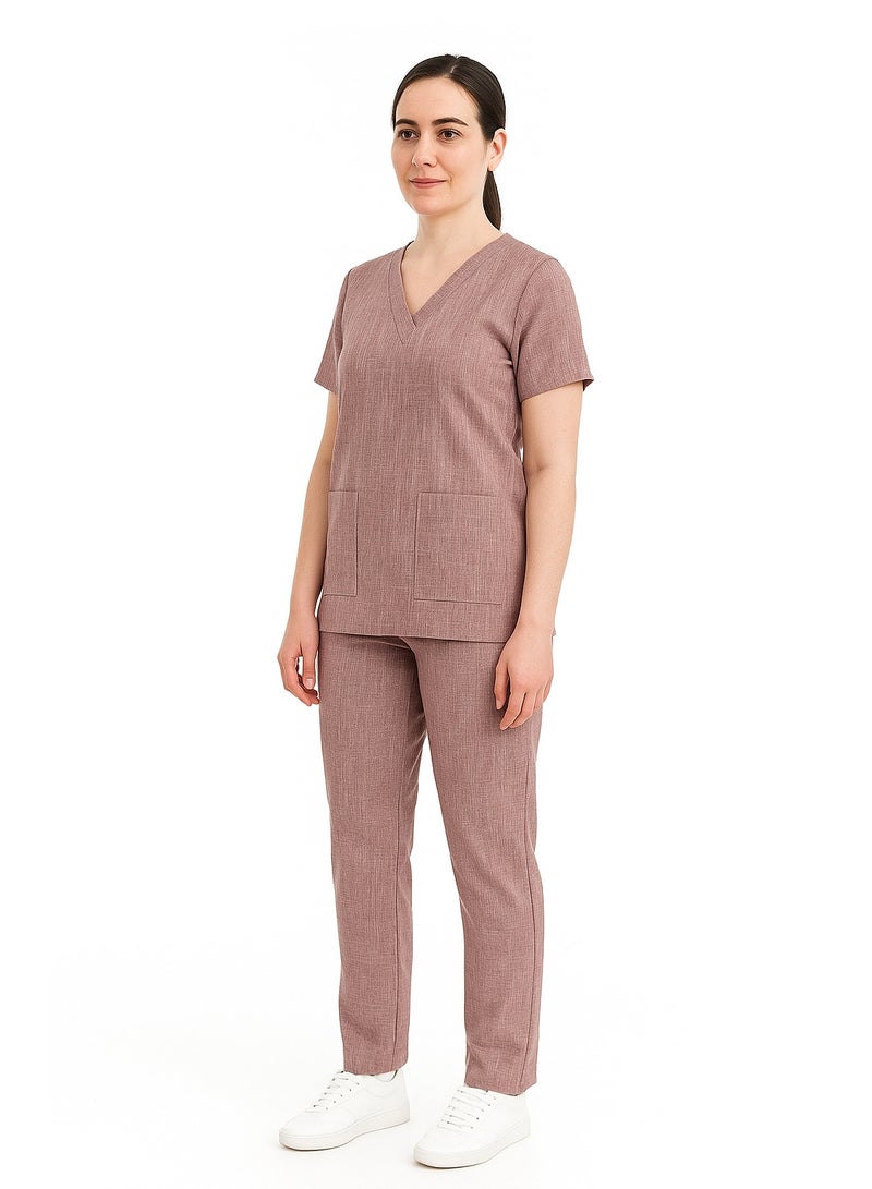 Rannah's Uniform Melange Scrub Suit Uniform Unisex Brown V-Neck Nurse Suit Set - Image 3