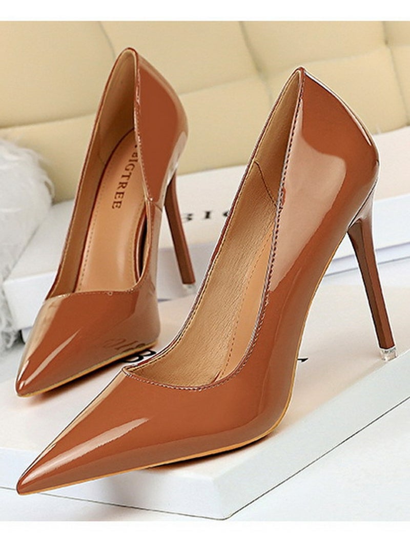 BIGTREE Women's Fashionable Shiny Stiletto Pumps 10.5cm Elegant Gorgeous Closed Pointed Toe Slip On Solid High Heels Brown - Image 2