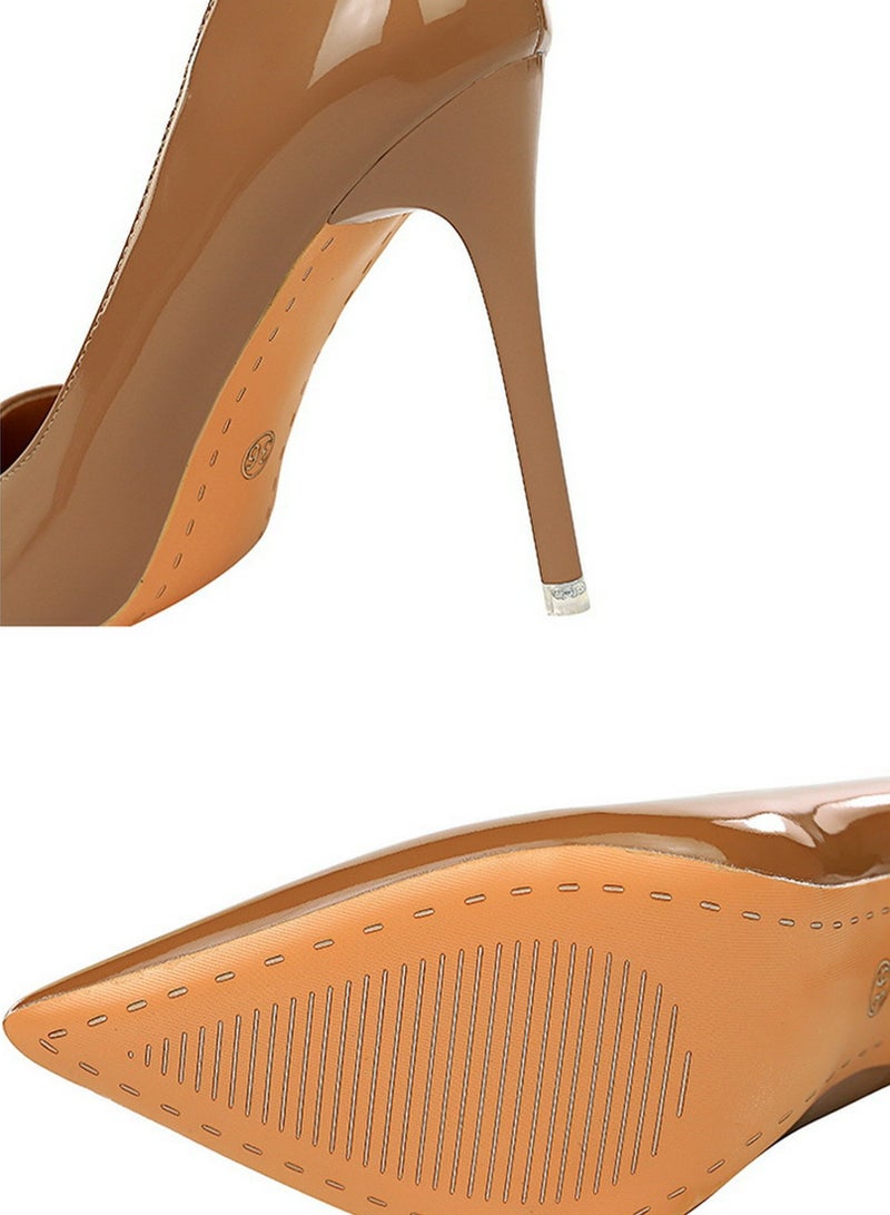 BIGTREE Women's Fashionable Shiny Stiletto Pumps 10.5cm Elegant Gorgeous Closed Pointed Toe Slip On Solid High Heels Brown - Image 3