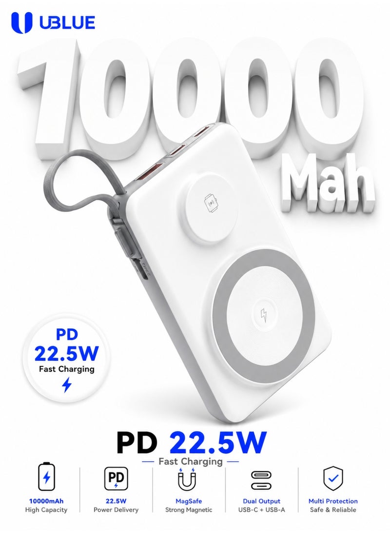 يوبلو بنك طاقة مغناطيسي من يو بلو بسعة 10000 مللي أمبير، شاحن لاسلكي محمول بمنفذ USB-C، بطارية احتياطية لأجهزة آيفون من سلسلة 15/16/17، وجالكسي S26/S25/S24، وإيربودز، لون أبيض - Image 1