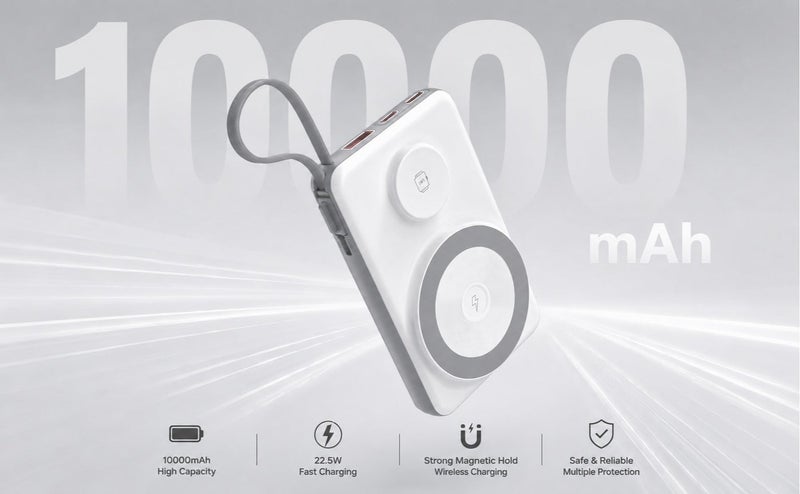 يوبلو بنك طاقة مغناطيسي من يو بلو بسعة 10000 مللي أمبير، شاحن لاسلكي محمول بمنفذ USB-C، بطارية احتياطية لأجهزة آيفون من سلسلة 15/16/17، وجالكسي S26/S25/S24، وإيربودز، لون أبيض - Image 2
