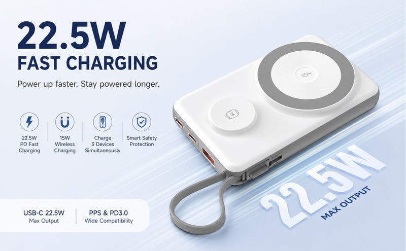 يوبلو بنك طاقة مغناطيسي من يو بلو بسعة 10000 مللي أمبير، شاحن لاسلكي محمول بمنفذ USB-C، بطارية احتياطية لأجهزة آيفون من سلسلة 15/16/17، وجالكسي S26/S25/S24، وإيربودز، لون أبيض - Image 3
