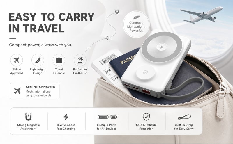 يوبلو بنك طاقة مغناطيسي من يو بلو بسعة 10000 مللي أمبير، شاحن لاسلكي محمول بمنفذ USB-C، بطارية احتياطية لأجهزة آيفون من سلسلة 15/16/17، وجالكسي S26/S25/S24، وإيربودز، لون أبيض - Image 4