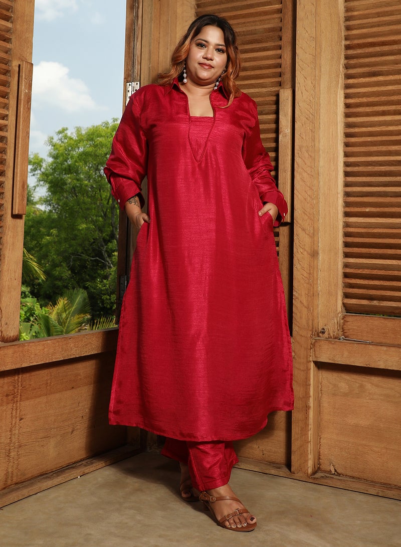 Instafab Plus Instafab Plus Women's Venetian Red Dusk Ensemble Kurta Set For Casual Wear | Spread Collar | Long Cuffed Sleeves | Plus Size 2 Piece Kurta Set Designed With Comfort Fit For Everyday Ethnic Wear  - Image 1