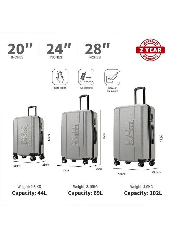 Eagle Express Patron 3 Piece Luggage Set 20/24/28 Inch Silver, ABS Hard Shell Trolley Suitcase Set with Lightweight Travel Design, Cabin & Check-In Luggage, 360 Spinner Wheels, Secure Lock System and 2 Year Warranty - Image 3