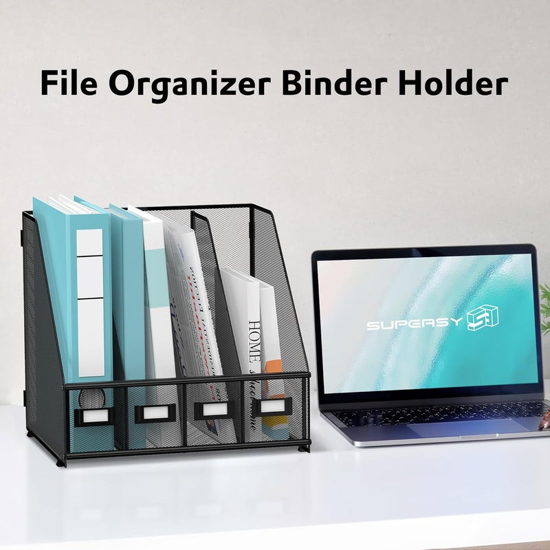 SUPEASY Magazine File Holder Desk Organizer, Metal Binder Holder with 4 Vertical Compartments for Office Home School, Black - Image 2