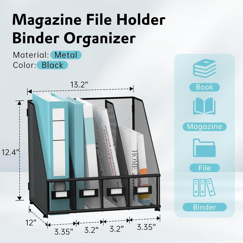 SUPEASY Magazine File Holder Desk Organizer, Metal Binder Holder with 4 Vertical Compartments for Office Home School, Black - Image 3